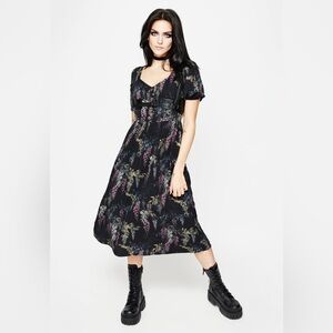 Disturbia Black Floral Midi Dress with Purple & Green Accents